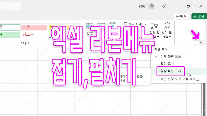 엑셀 리본메뉴 사라짐, 보이기 1