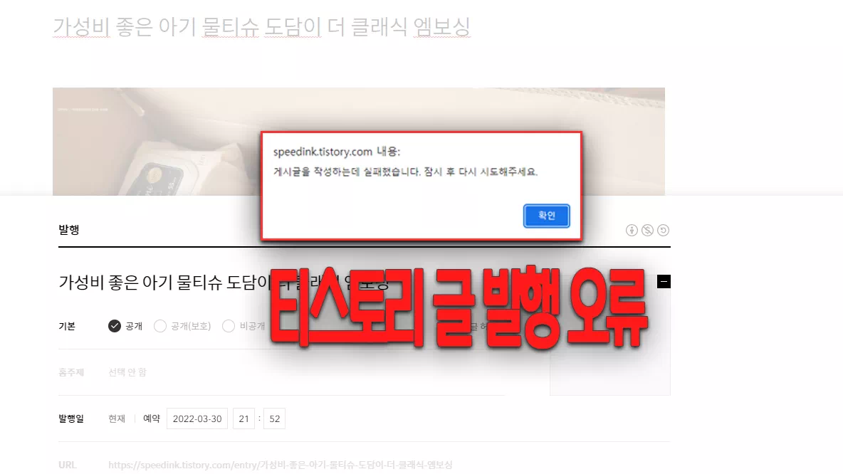 티스토리 블로그 작성글 발행 오류