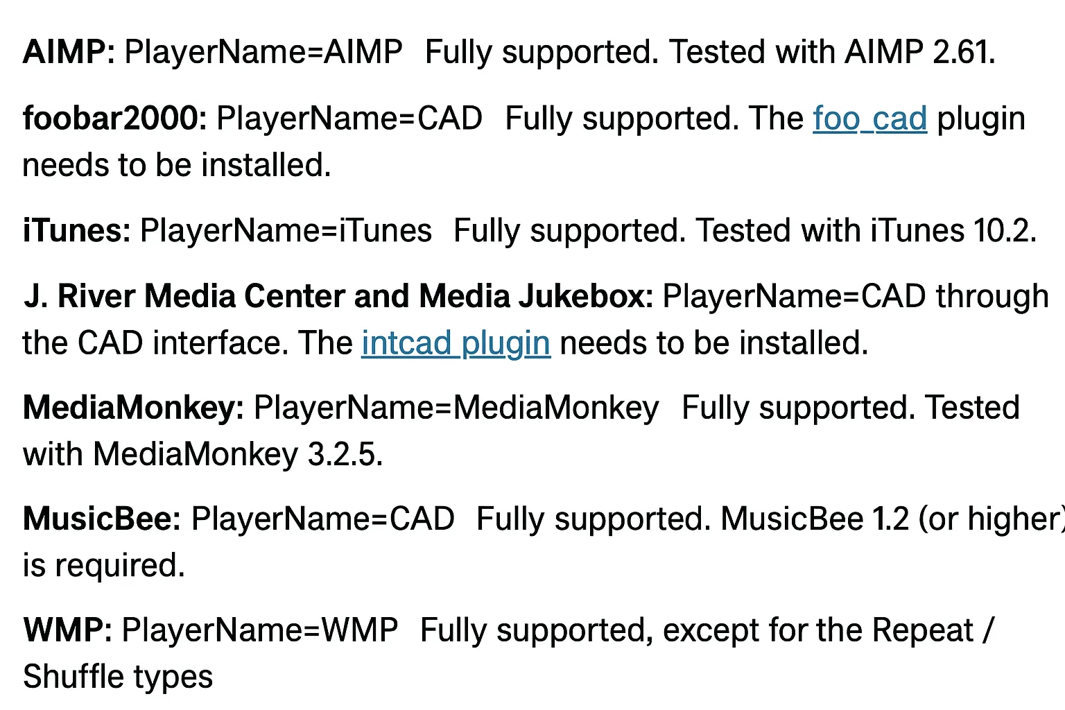 뮤직 플레이어 지원 목록